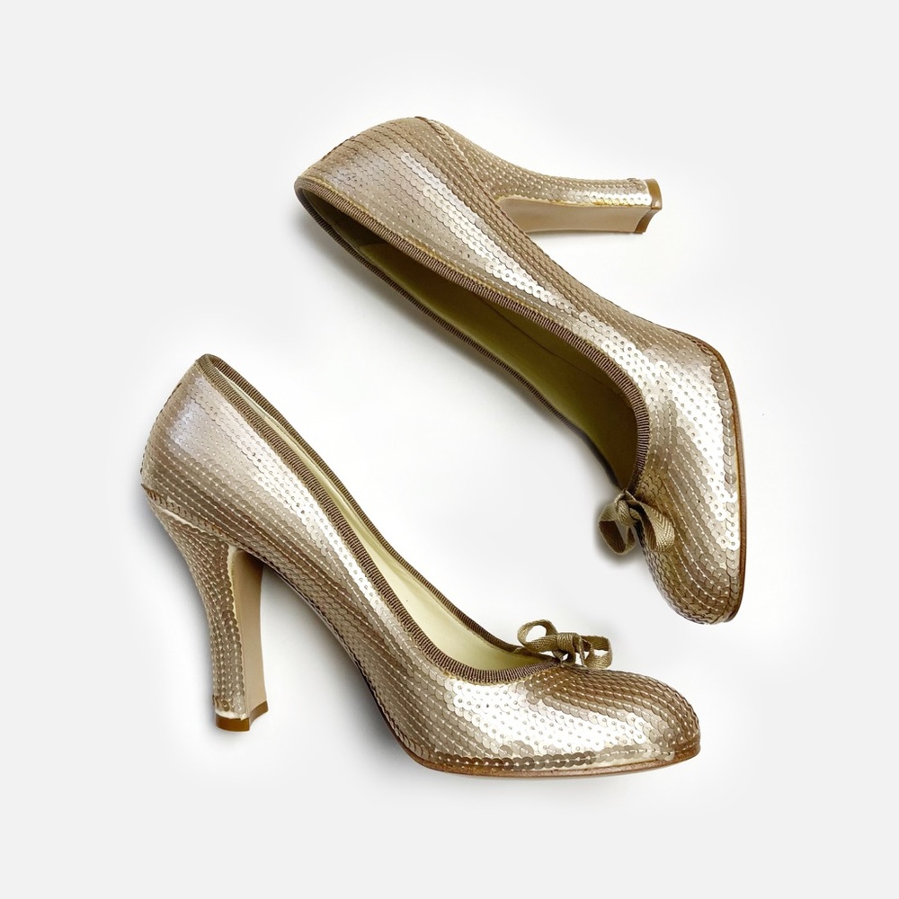 Miu Miu | Champagne Sequin Round-Toe Heels